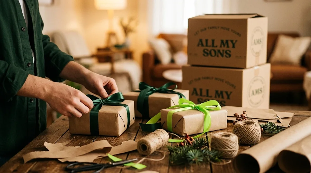 A warm, candid lifestyle photograph of a person's hands creating DIY stocking stuffers on a rustic wooden table. The handmade