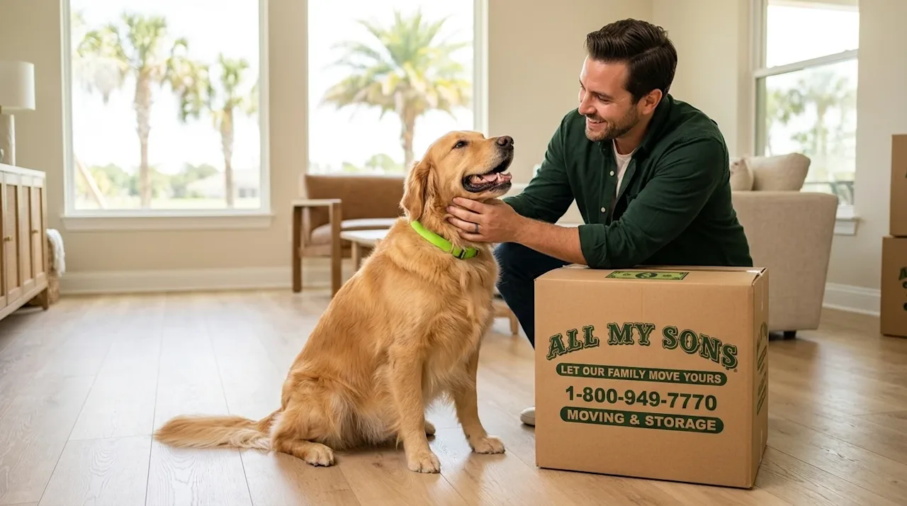 Professional marketing photography of a happy, well-groomed Golden Retriever sitting patiently on a light beige hardwood floo
