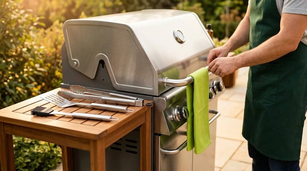 Clear, professional marketing photography of premium grilling products set up on a beautiful outdoor backyard patio. A sleek,