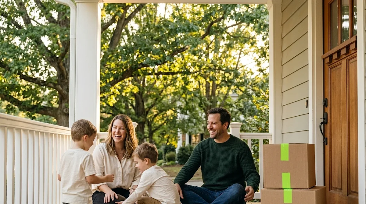 Professional lifestyle photography of a joyful family relaxing on the inviting front porch of their beautiful new home in Ral