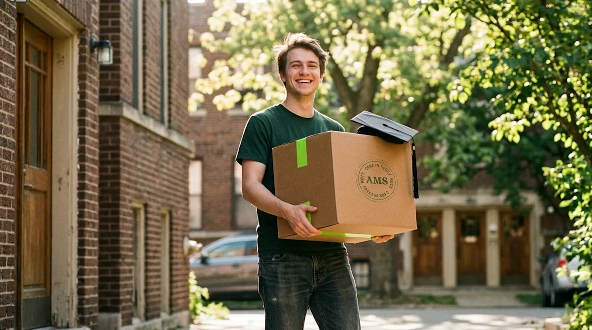 A candid, authentic 35mm film lifestyle photograph of a happy recent college graduate moving into a new apartment on a sunny
