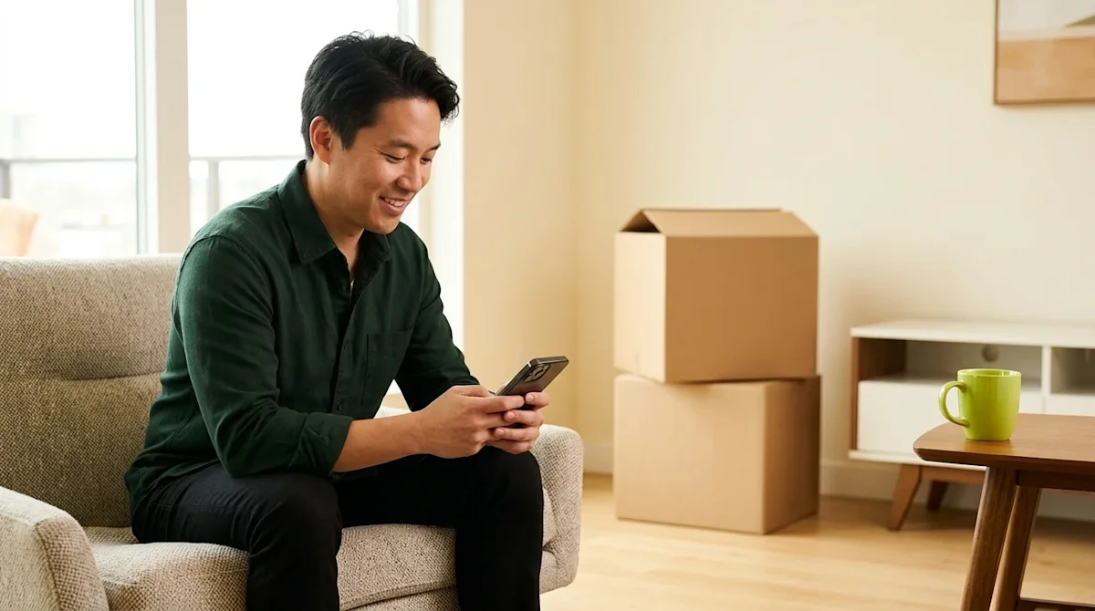 Professional marketing lifestyle photography of a cheerful adult sitting comfortably in a brightly lit, modern living room, l