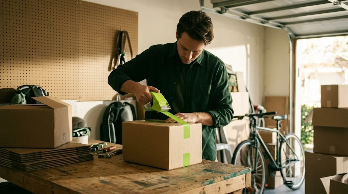 Authentic, candid 35mm film photography of a homeowner packing their garage for a move, capturing a warm, nostalgic, and stre