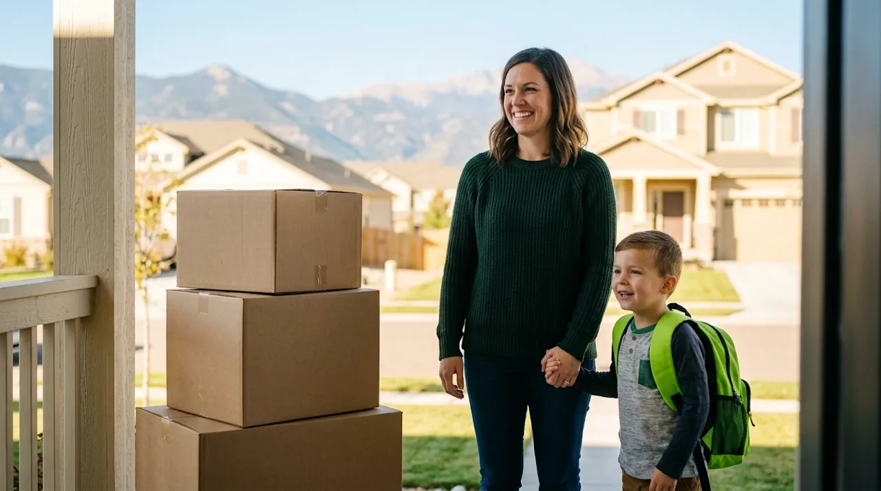Authentic, high-quality lifestyle photography of a heartwarming scene in a sunny Colorado Springs suburban neighborhood, perf
