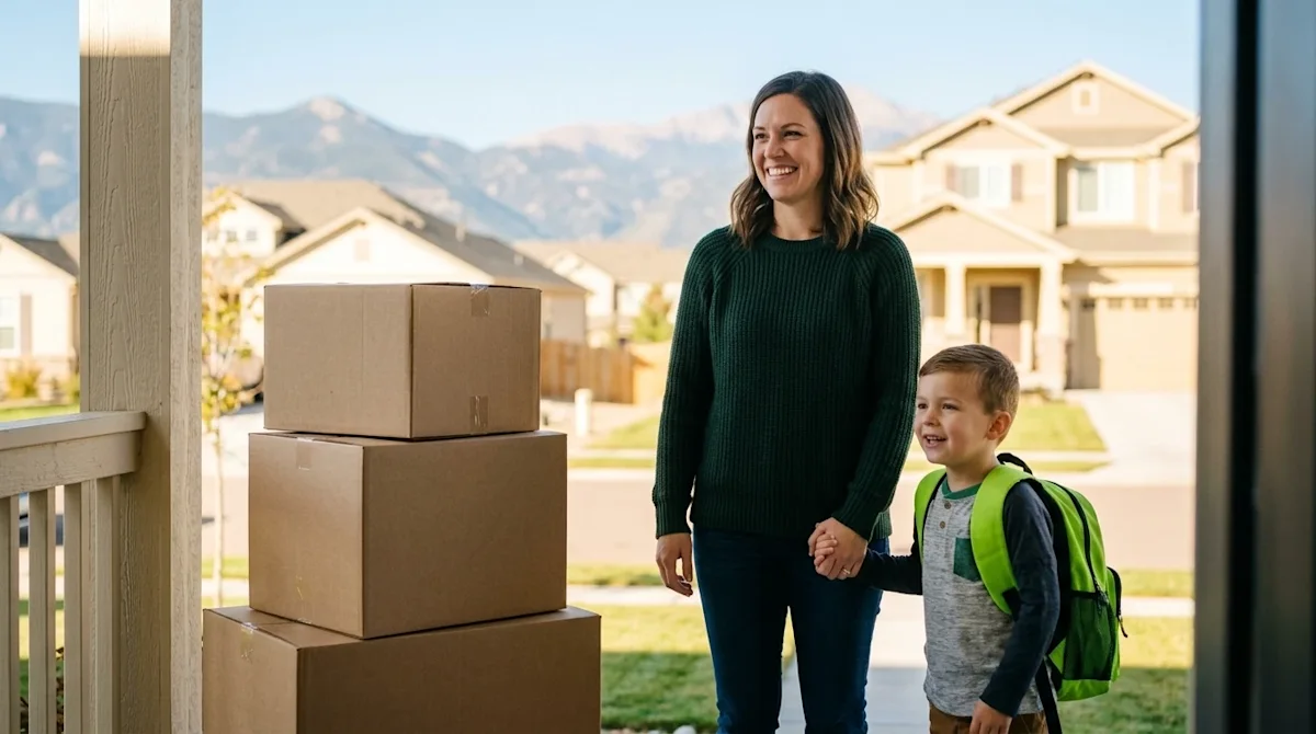 Authentic, high-quality lifestyle photography of a heartwarming scene in a sunny Colorado Springs suburban neighborhood, perf