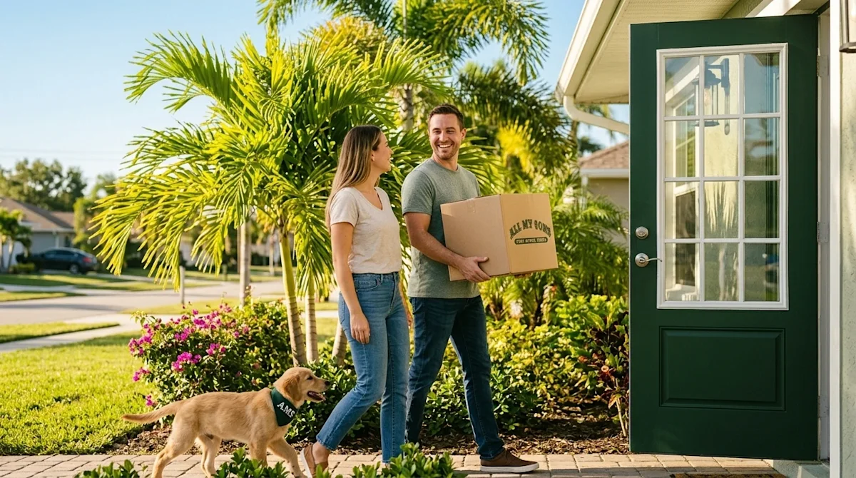 Clear, professional marketing photography of a happy couple arriving at their welcoming new home in sunny Fort Myers, Florida