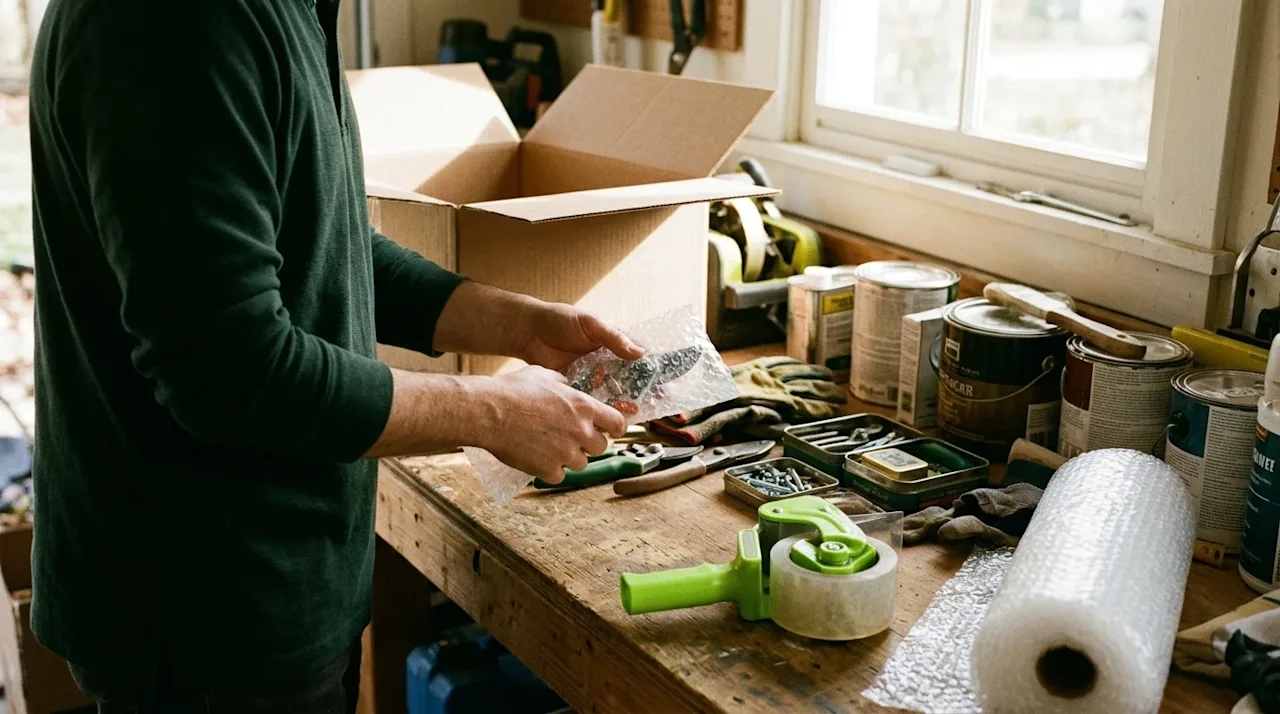 A candid, warm lifestyle photograph showing the process of packing garage supplies for a move. A close-up on a sturdy wooden