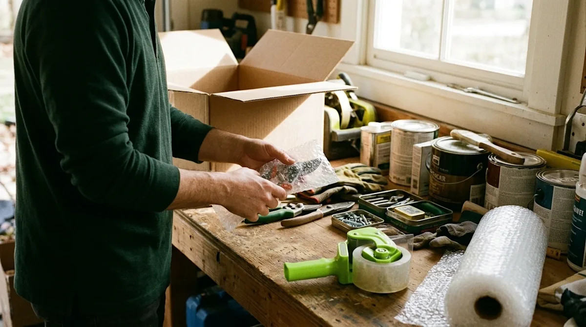 A candid, warm lifestyle photograph showing the process of packing garage supplies for a move. A close-up on a sturdy wooden