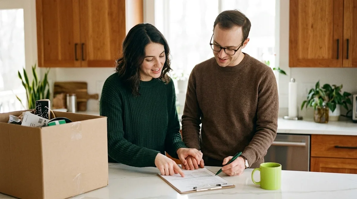 A candid, lifestyle photograph of a young couple standing at the kitchen counter of a bright, newly purchased home, carefully