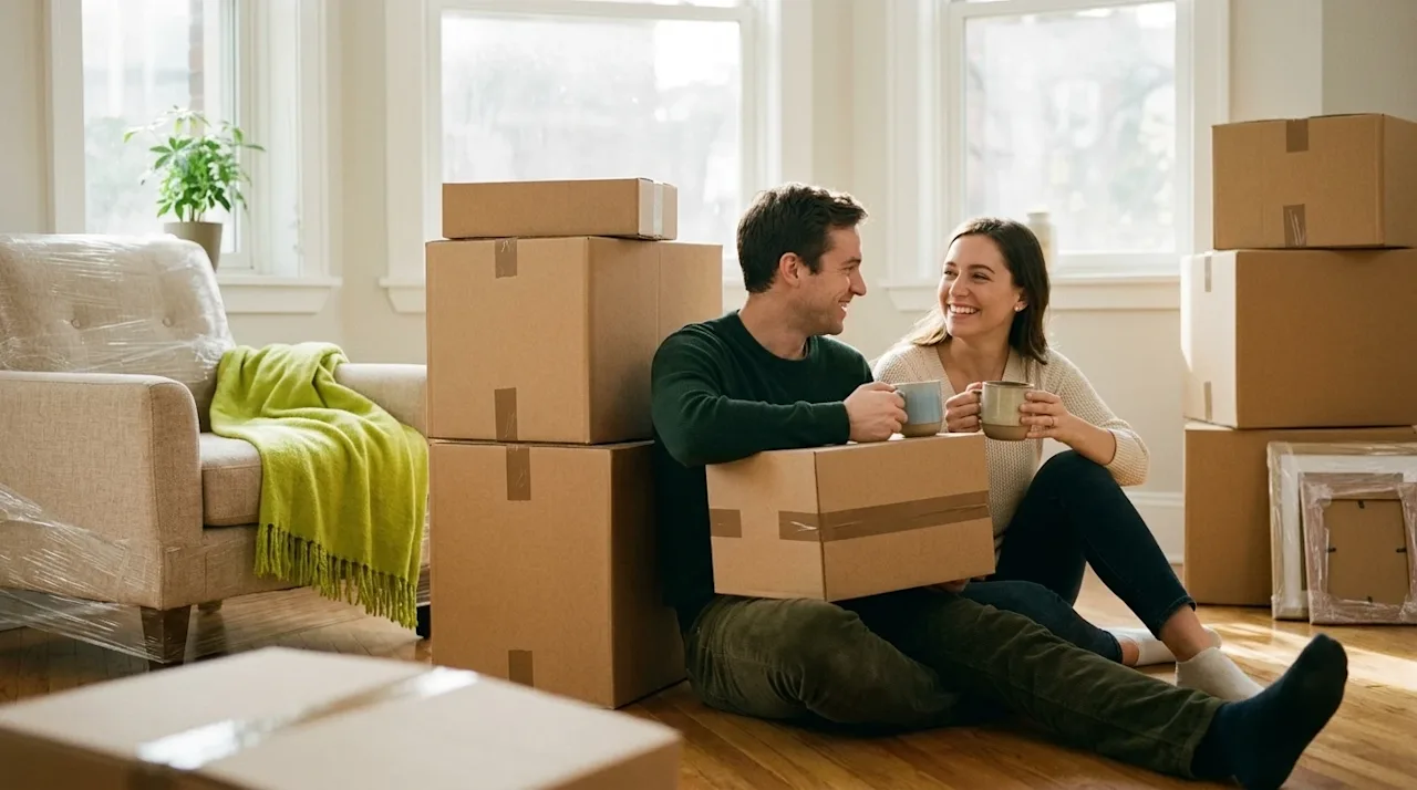 A high-quality, photorealistic lifestyle photograph of a happy, relaxed couple taking a coffee break during their moving day.