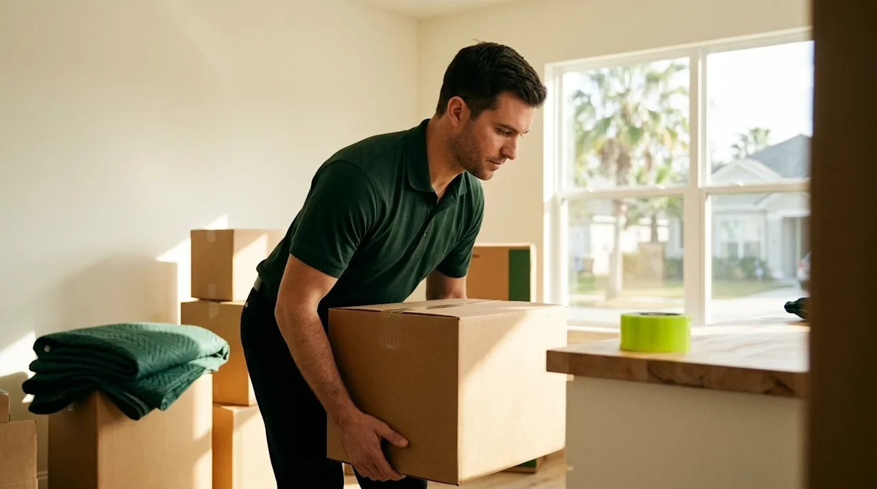 A candid, high-quality lifestyle photograph showing safety tips for moving. A professional mover wearing a dark forest green