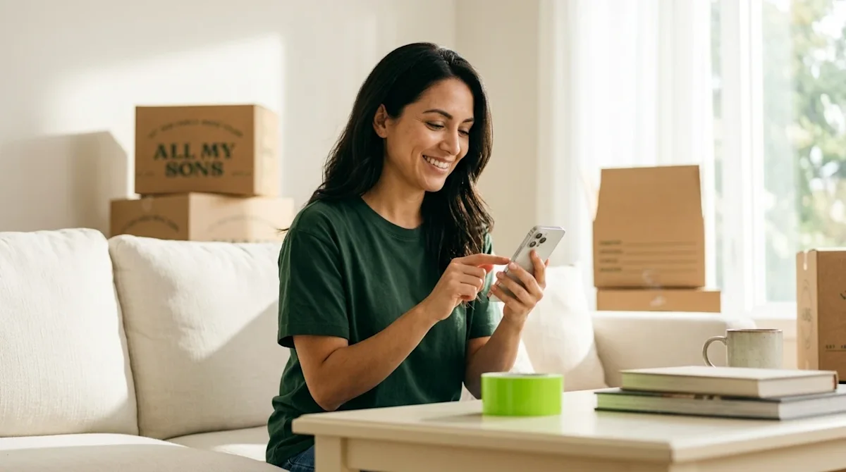 Professional marketing photography, medium shot of a smiling person sitting comfortably in a brightly lit living room, holdin