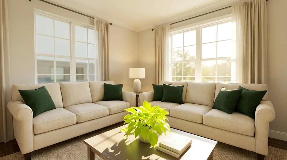 Professional real estate photography of a beautifully staged, pristine living room prepared for a successful open house. The