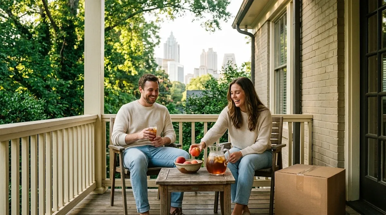 A candid, documentary-style 35mm film photograph of a happy couple relaxing on the wooden front porch of a classic Southern h