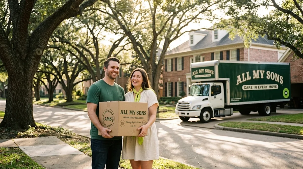 Candid lifestyle photograph of a happy couple standing on a sun-dappled sidewalk in a picturesque, tree-lined Houston neighbo