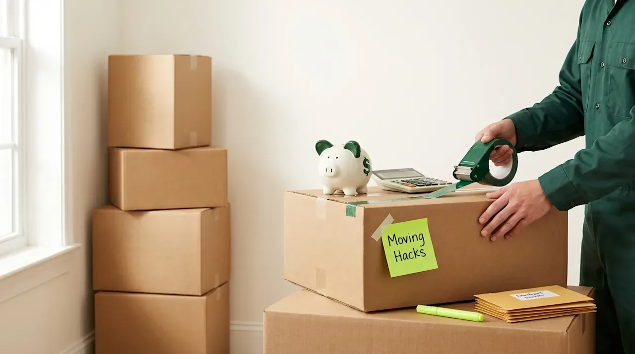Professional mover packing boxes with a piggy bank and calculator to illustrate affordable moving hacks and budget tips.