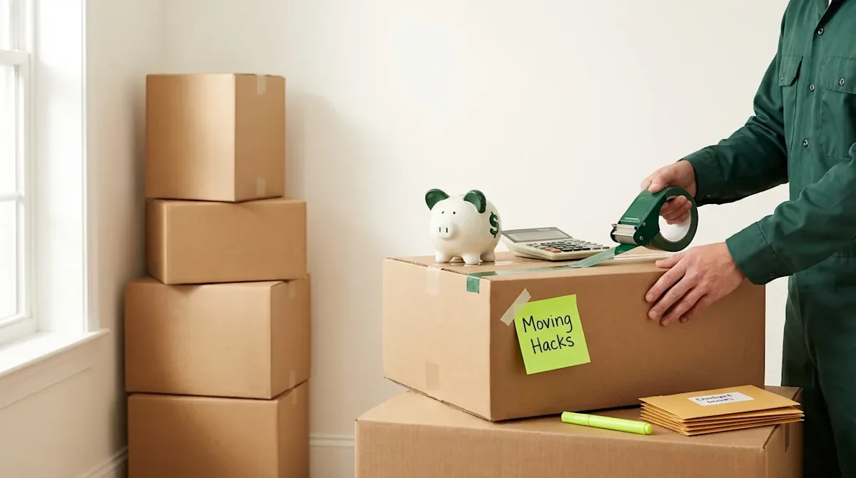 Professional mover packing boxes with a piggy bank and calculator to illustrate affordable moving hacks and budget tips.