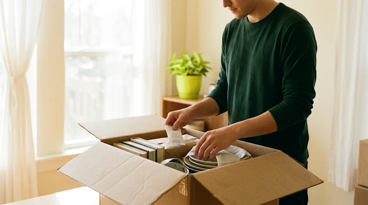 A 35mm film photography style shot of a person carefully packing a clean, dry cardboard moving box in a bright, sunlit, well-