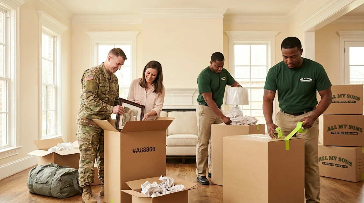 All My Sons movers assisting a military family with packing boxes in a bright Baton Rouge living room.