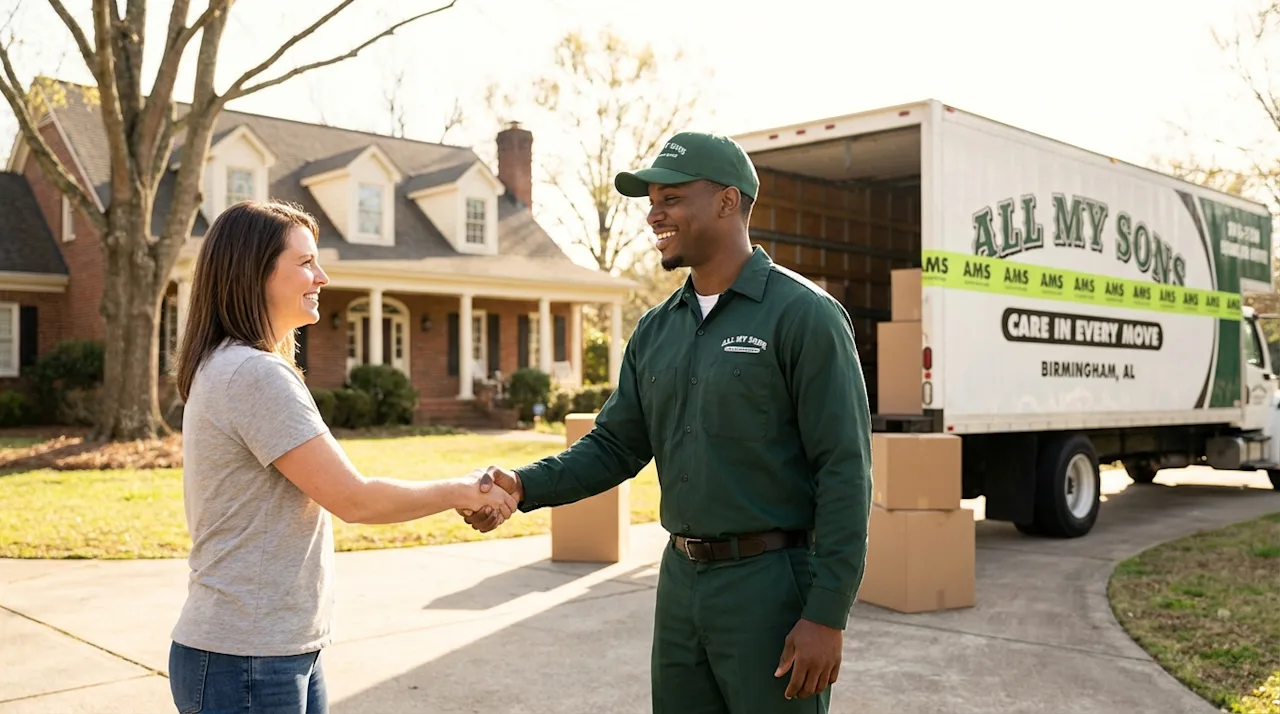 Professional mover and homeowner shaking hands on a sunny Birmingham driveway with an All My Sons moving truck.