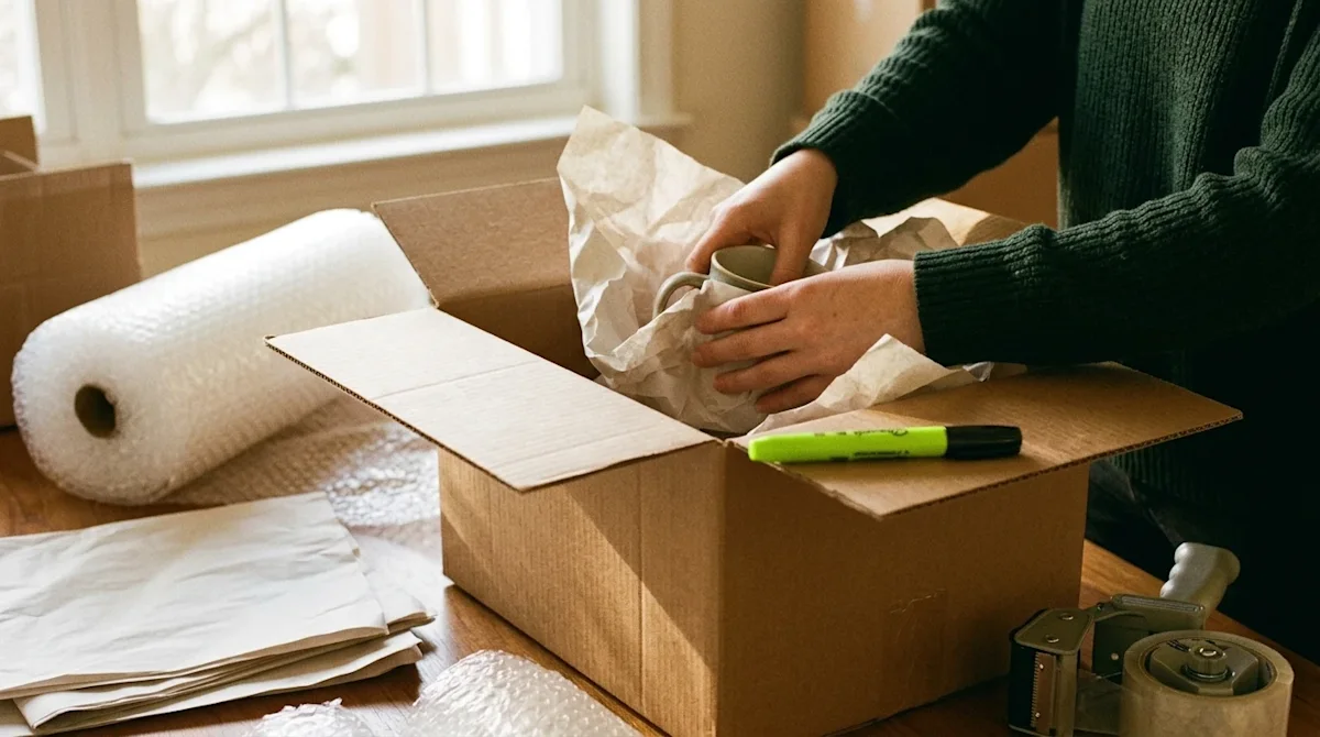 Authentic, candid lifestyle photography focusing on high-quality packing supplies for a long-distance move in a warm, sunlit