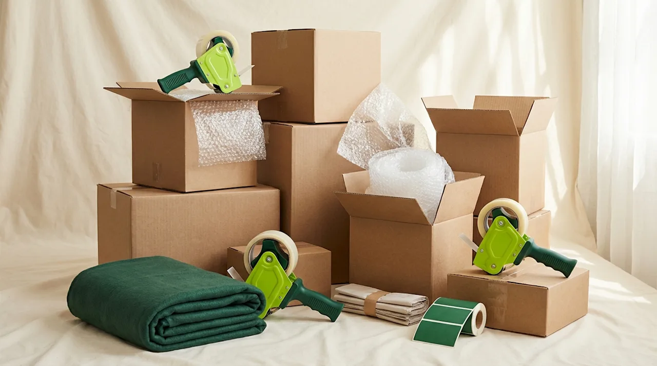 Cardboard moving boxes, bubble wrap, and green packing supplies arranged with a forest green blanket.