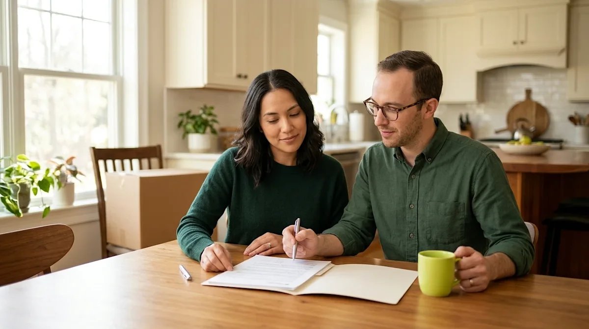 Clear, professional marketing photography, lifestyle shot. A couple sitting at a warm wooden dining table in a brightly lit,