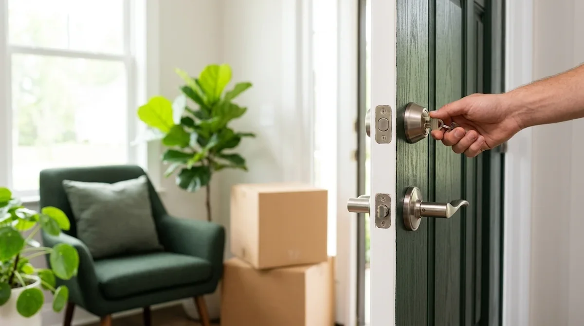 Professional marketing photography of a brightly lit, welcoming front entryway in a beautiful suburban home. A person's hand