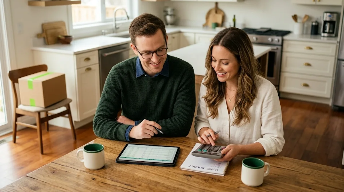 Professional marketing photography of a happy couple sitting at a warm wooden kitchen island in a bright, modern home. They a