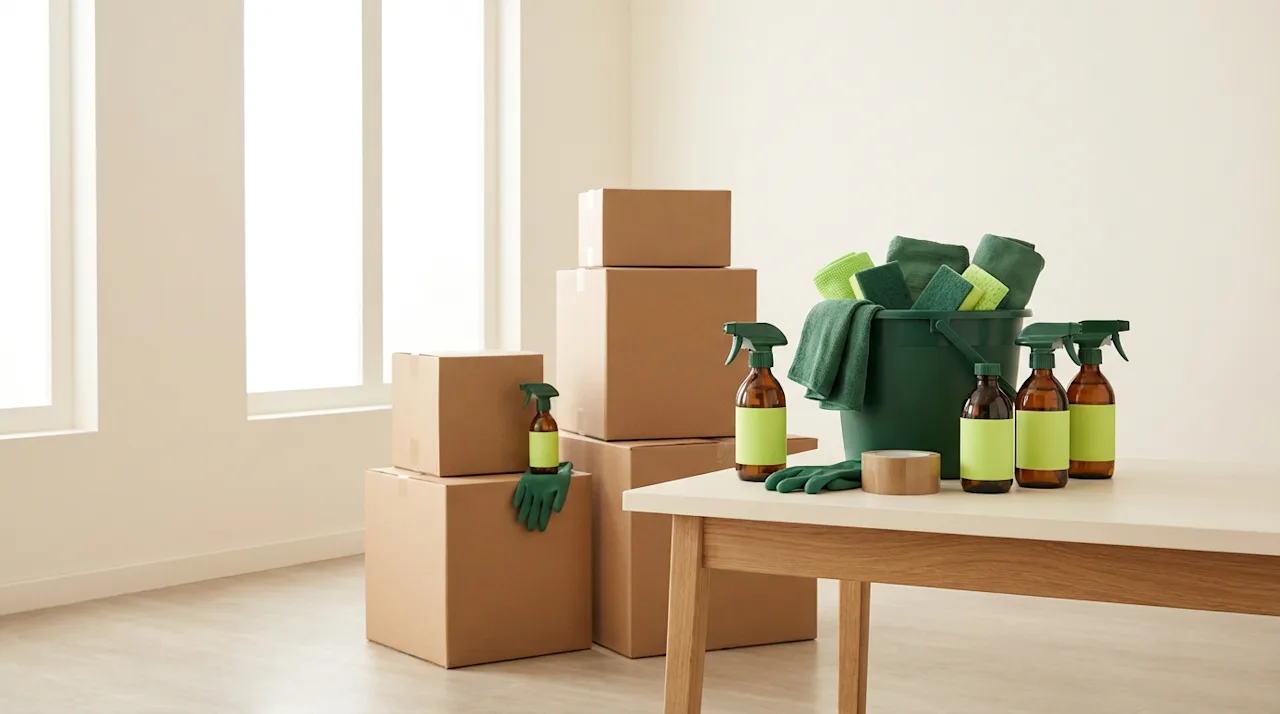 Cleaning supplies and stacked cardboard boxes arranged in a bright room for a move-out clean.