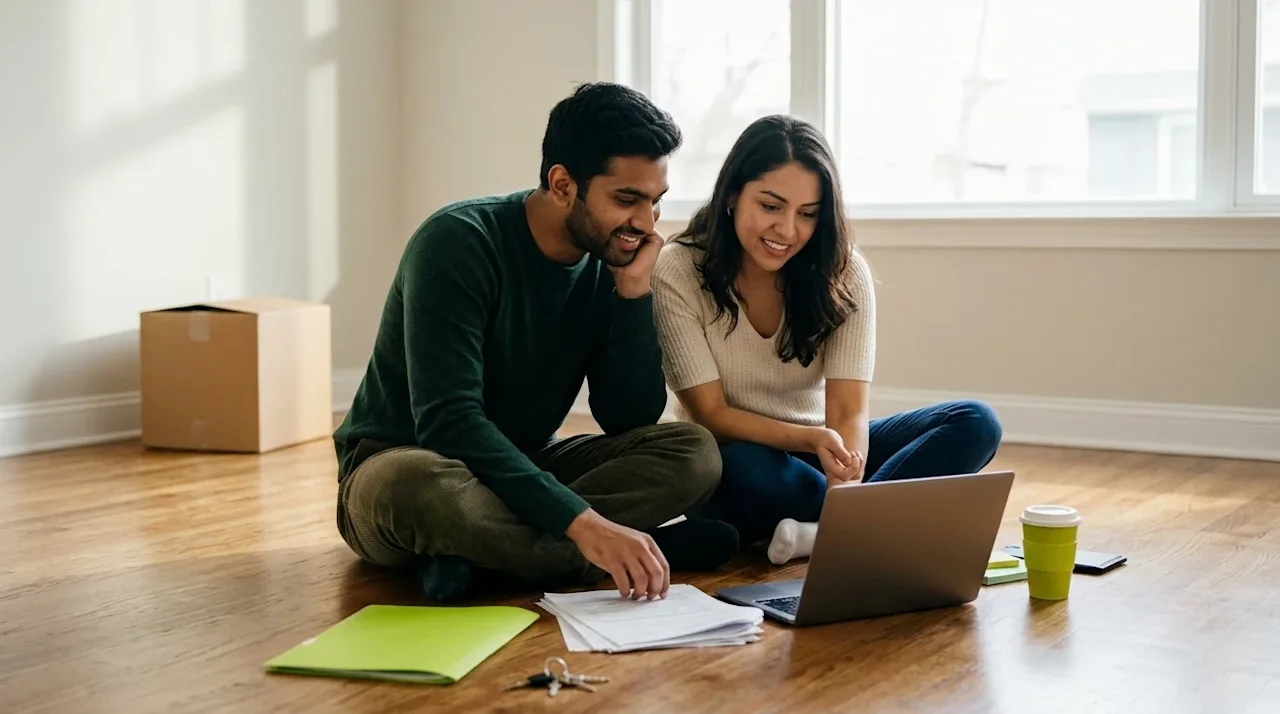 Professional marketing photography, a candid and authentic lifestyle shot of a diverse young couple sitting on the polished h