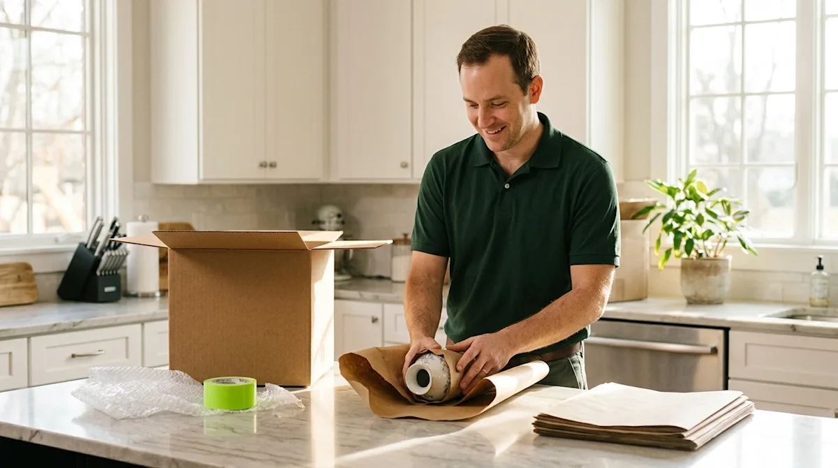 Professional editorial lifestyle photography of a friendly, professional mover carefully wrapping delicate household items at