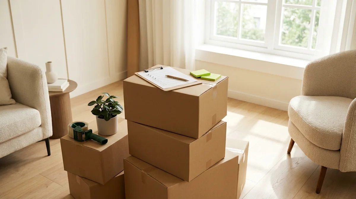 Neat stack of moving boxes with a checklist and packing tape in a sunlit living room for an organized relocation.