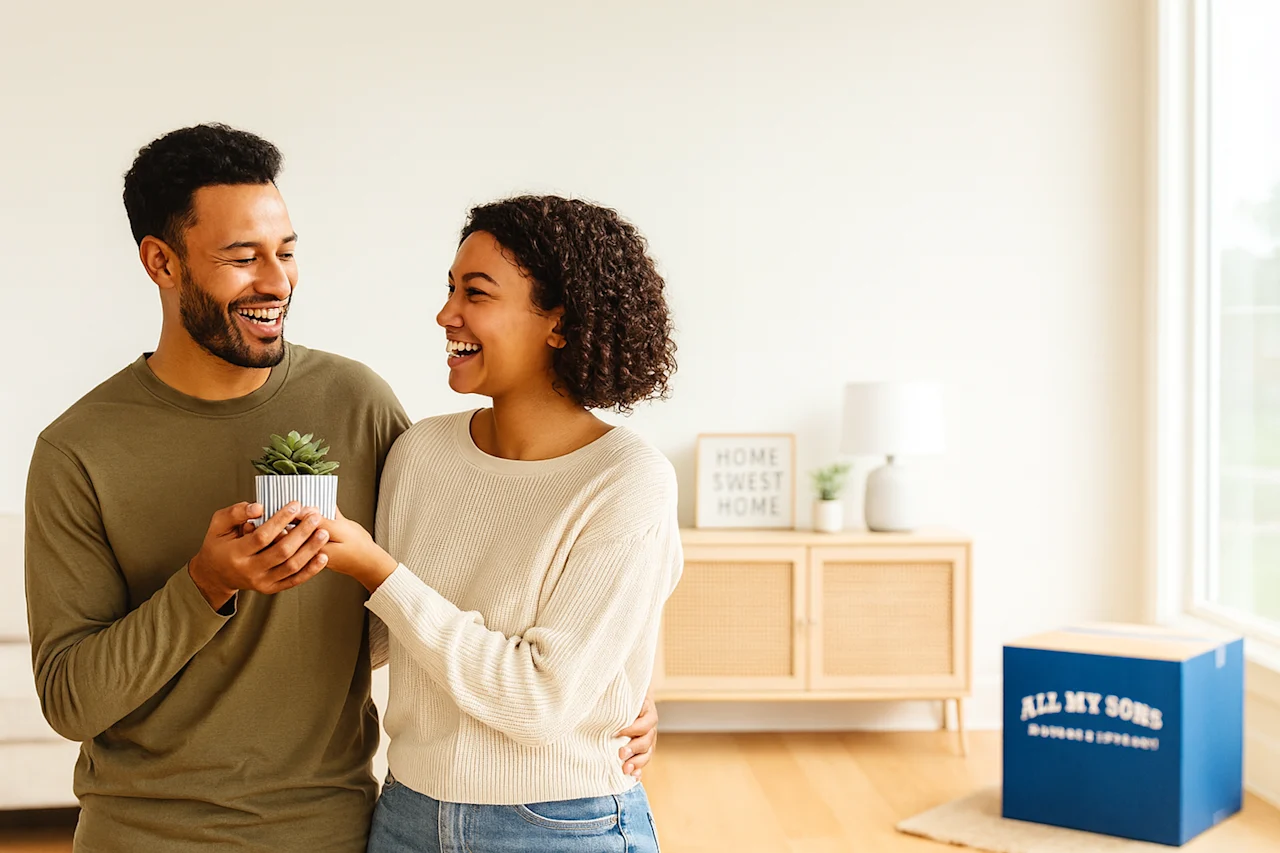 Joyful couple in their new home, celebrating a seamless residential move with a plant. All My Sons ensures trusted, professional moving service.