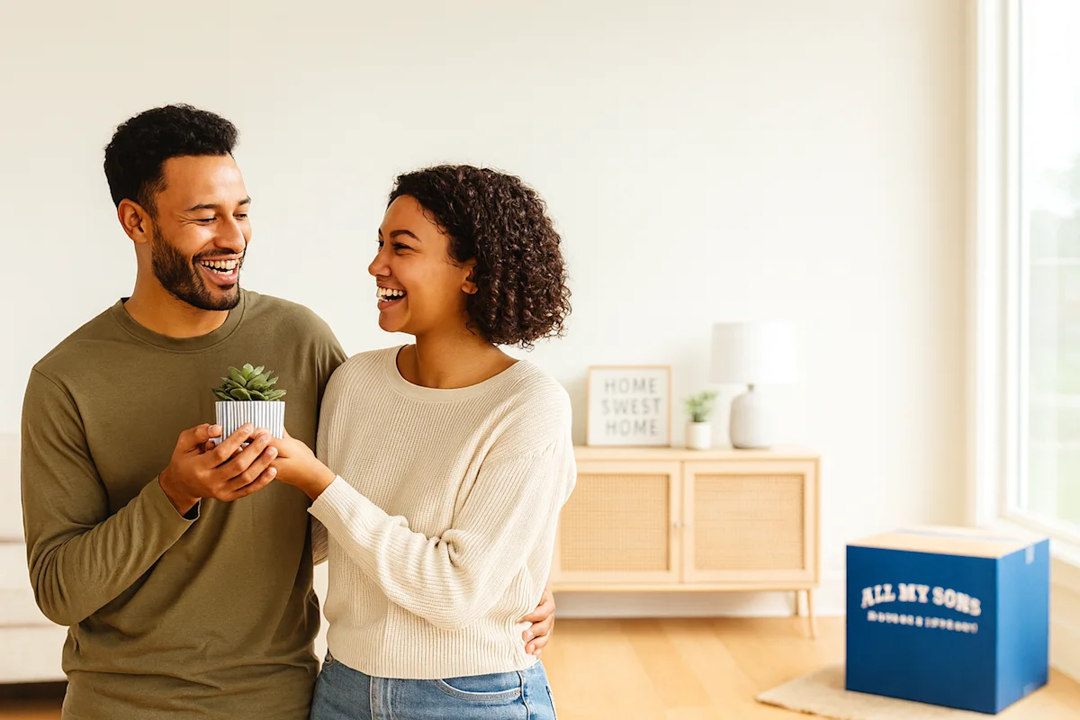 Joyful couple in their new home, celebrating a seamless residential move with a plant. All My Sons ensures trusted, professional moving service.