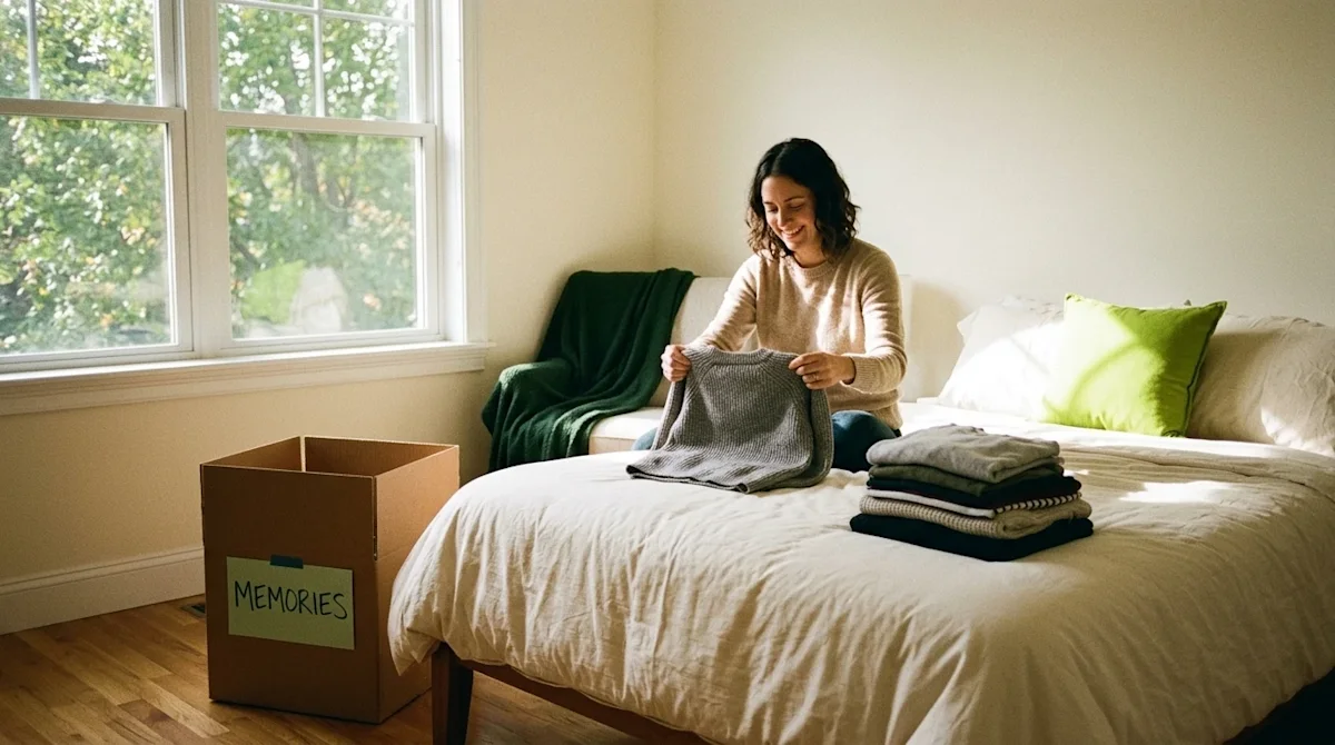Candid lifestyle photography of a person organizing a cozy, well-lit bedroom, happily folding clothes on a neatly made bed ne