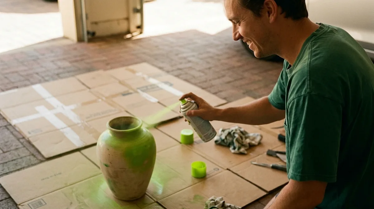 A candid, high-quality lifestyle photograph showing a DIY home decor project. A person is happily spray-painting an old vase