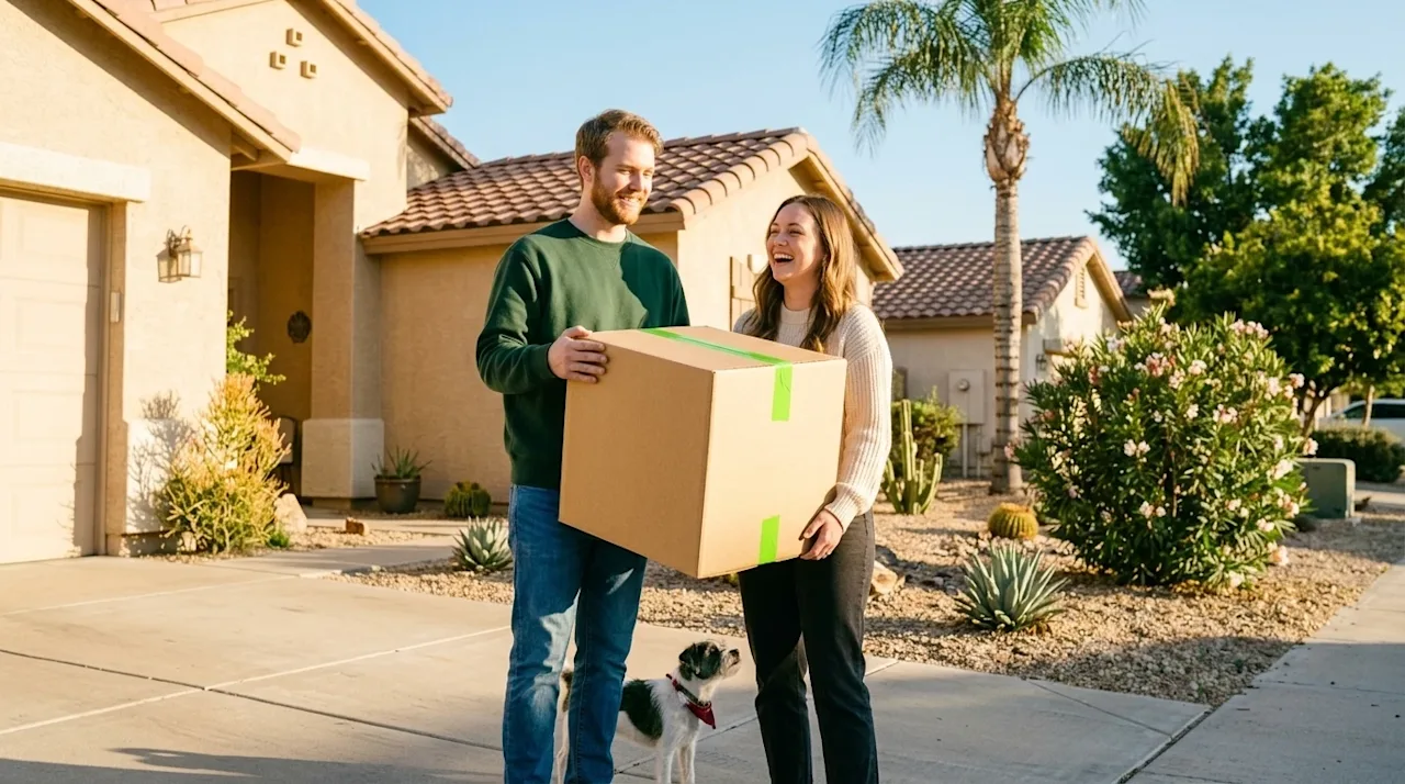 A candid, authentic lifestyle photograph of a happy, relaxed young couple standing outside a sunlit suburban stucco home in Mesa, AZ.