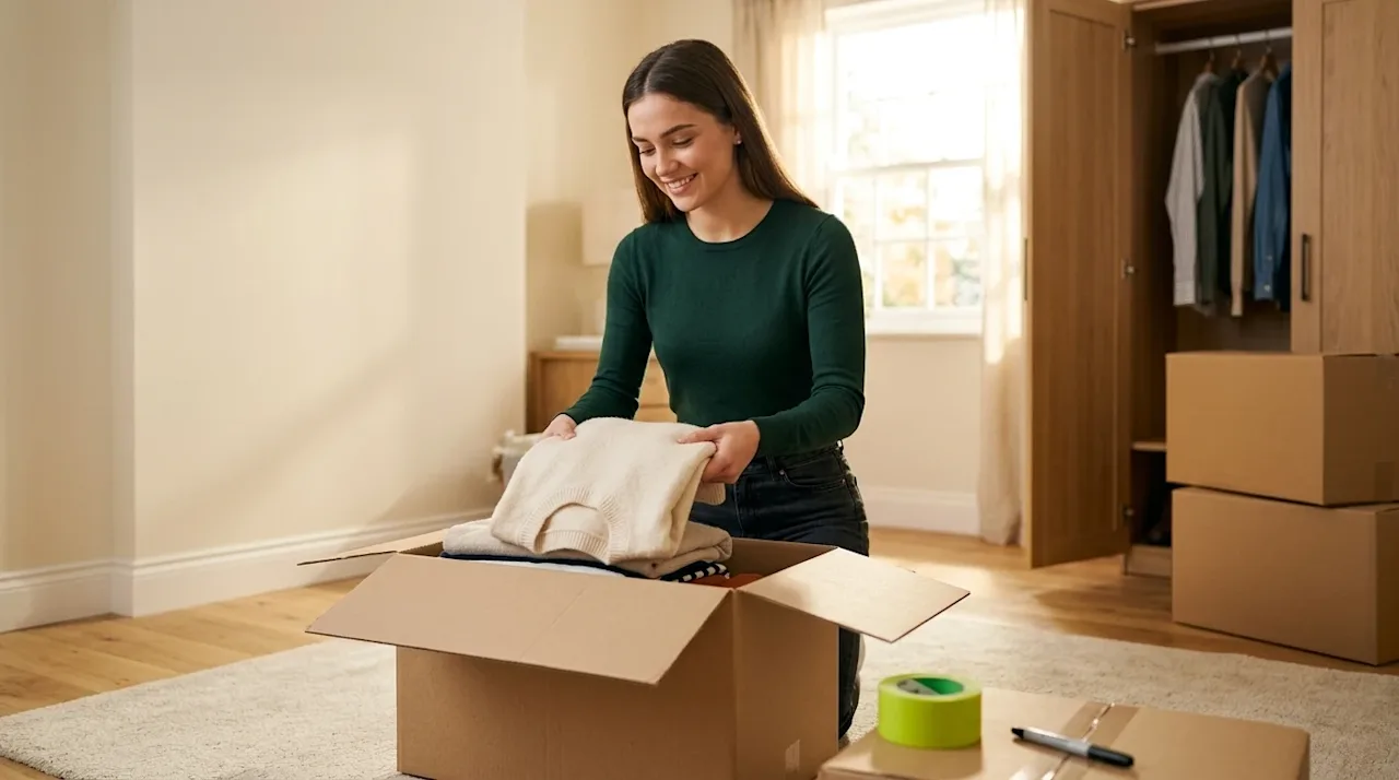 Clear, professional marketing photography of an individual meticulously packing clothing into a cardboard moving box in a war