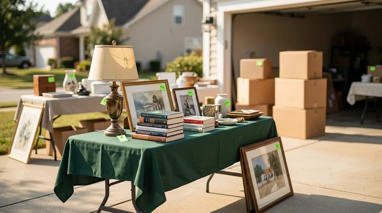 Professional marketing photography of an inviting, well-organized neighborhood garage sale set up on a sunny residential driv