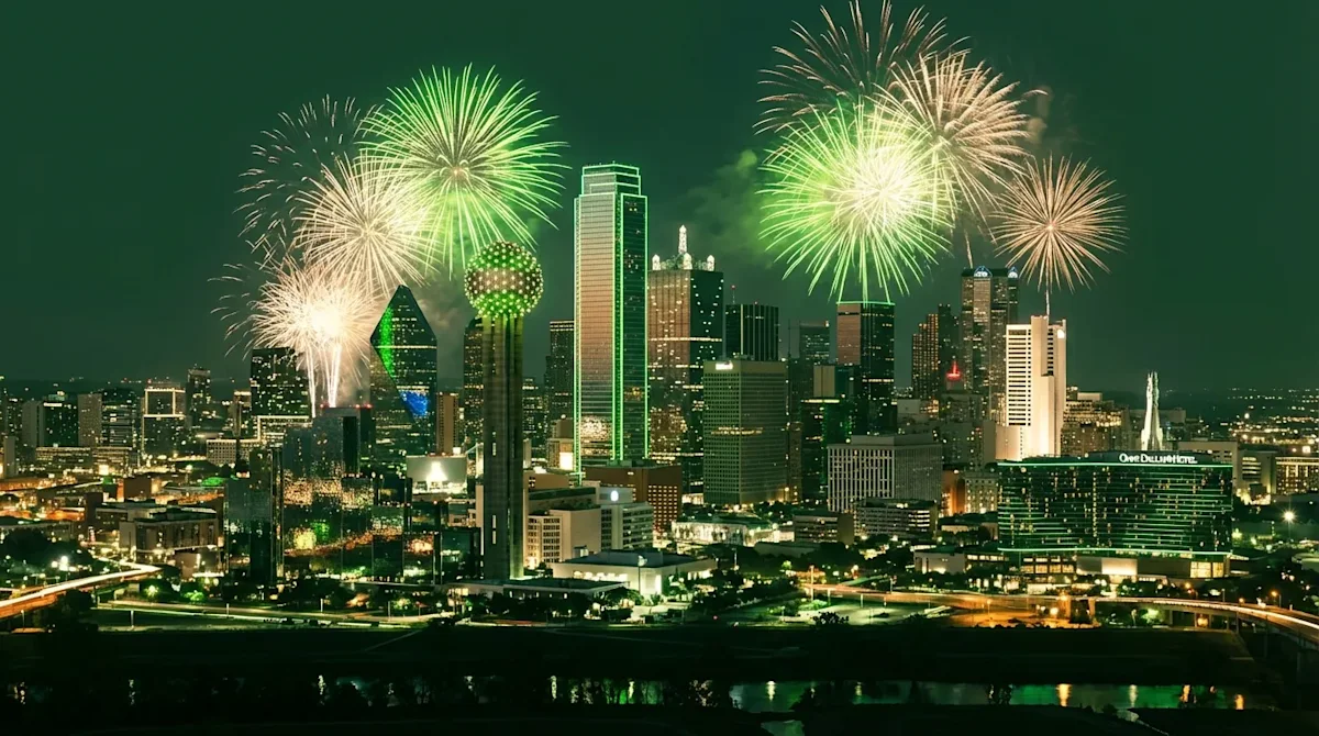 Dallas skyline at night featuring Reunion Tower and vibrant green fireworks for a corporate celebration.