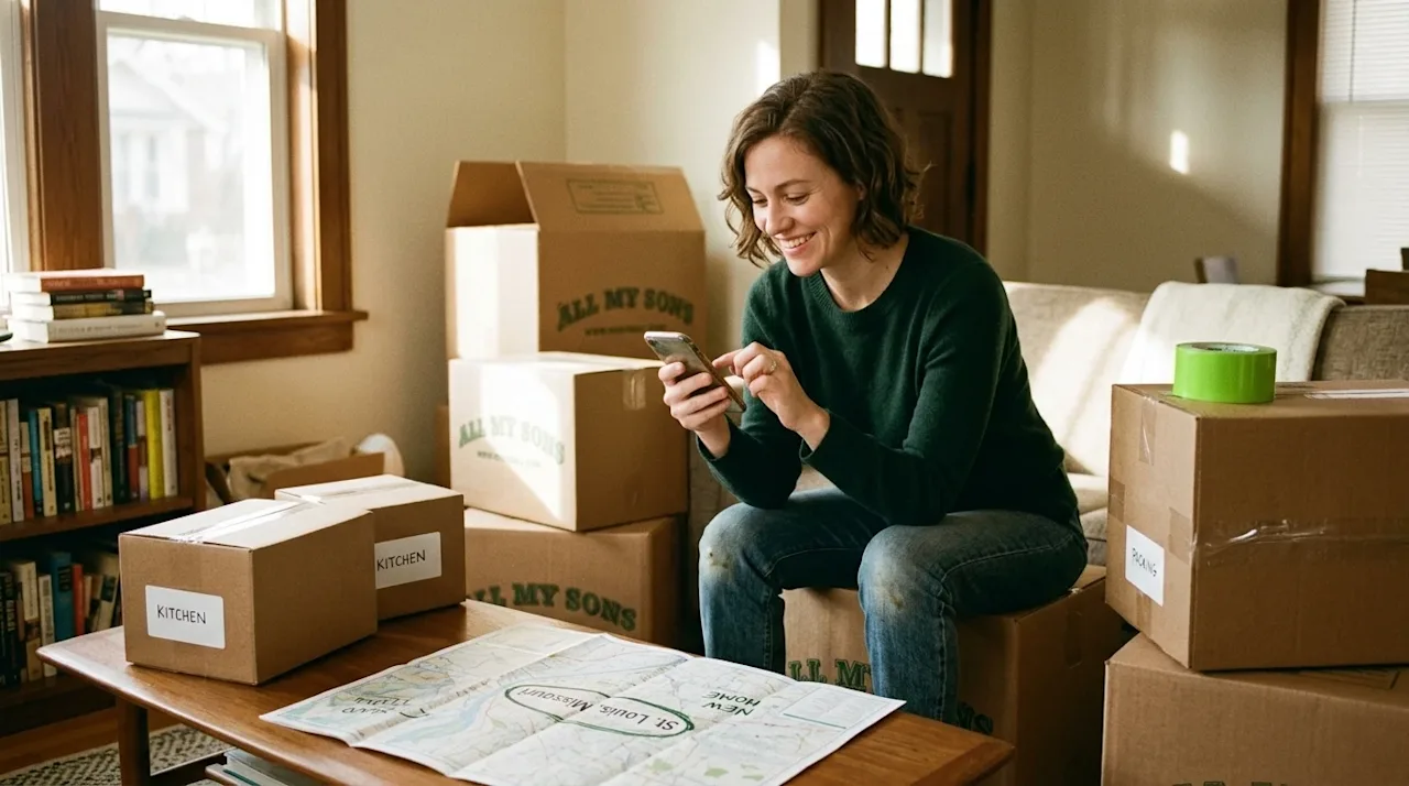 Candid lifestyle photography of a person taking a break from packing, sitting comfortably on a sturdy brown cardboard moving