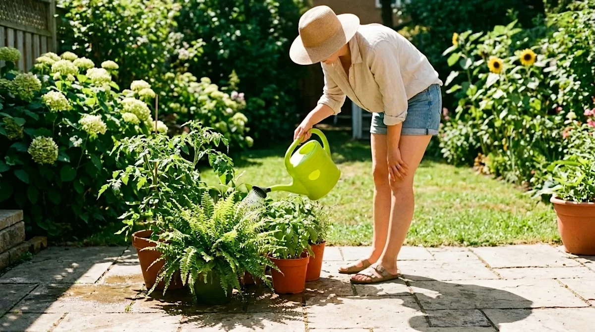 Candid, warm lifestyle photography of a bright, sunlit residential garden in the peak of summer heat. A person is carefully t