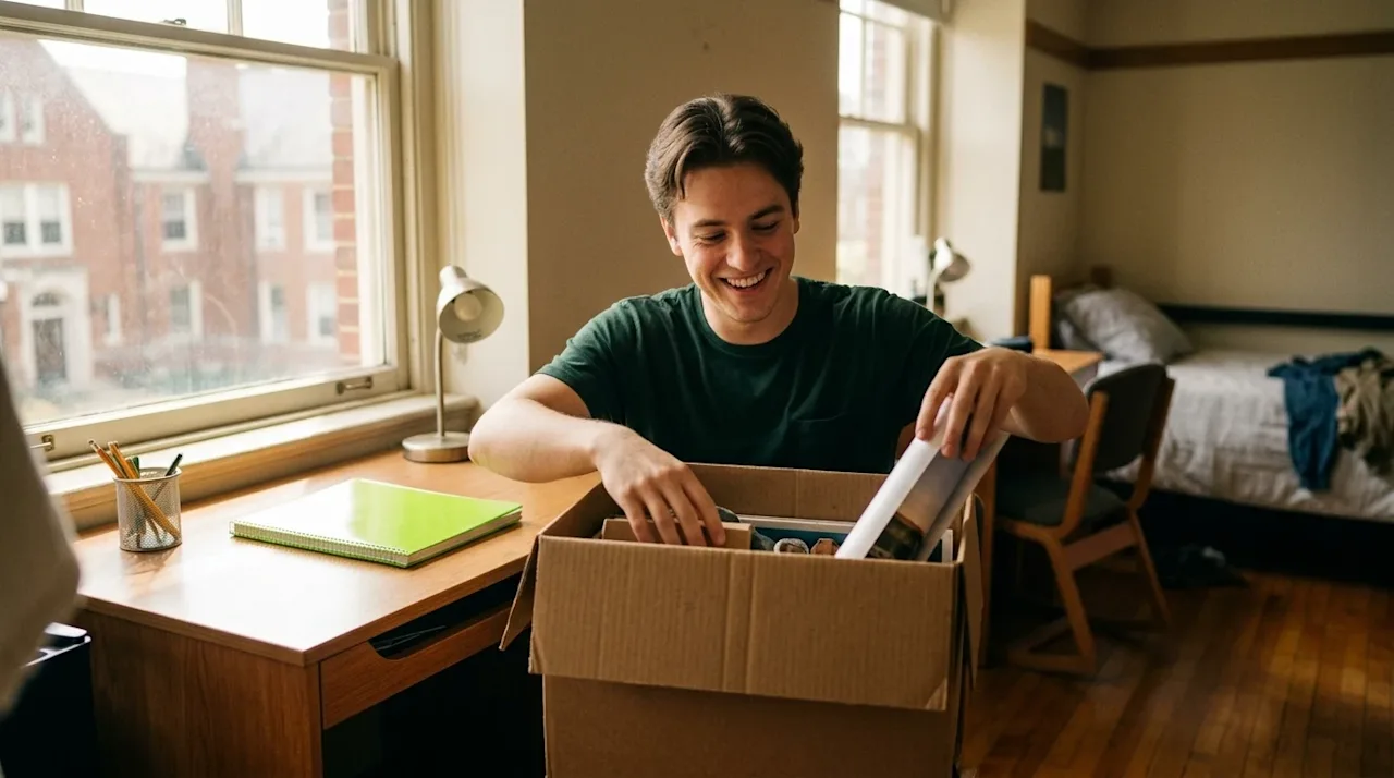 Clear and professional marketing photography of a smiling young adult college student unpacking a single kraft brown moving b