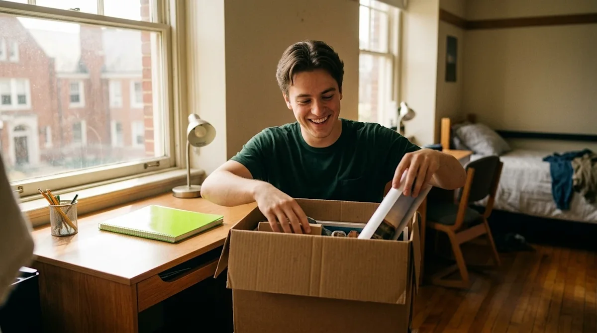 Clear and professional marketing photography of a smiling young adult college student unpacking a single kraft brown moving b