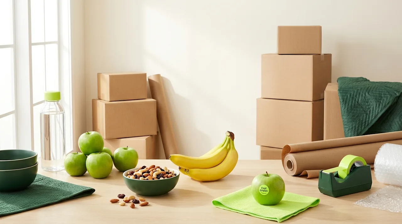 Healthy moving day snacks with green apples, bananas, and trail mix next to cardboard boxes and packing supplies.