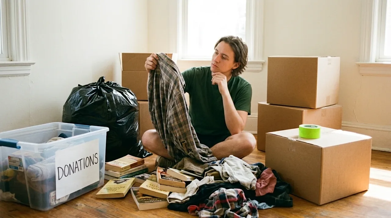 A person decluttering their home before a move. A young adult is sitting and contemplating putting their old flannel jacket in a moving box or a trash bag.