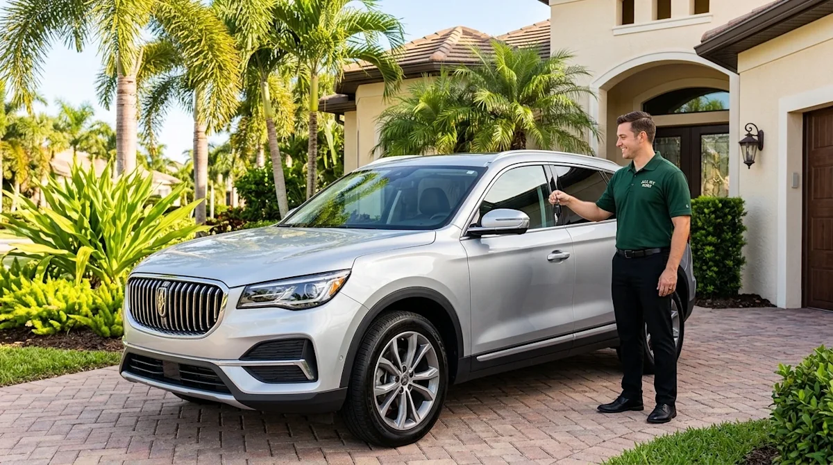 Professional marketing photography of a pristine, modern SUV parked in the bright, sun-drenched driveway of a beautiful coast