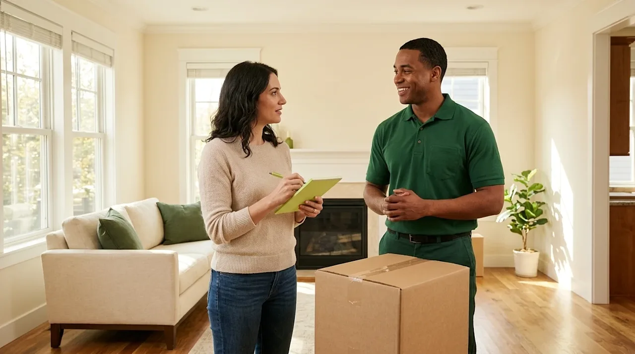 Clear and professional lifestyle marketing photography for a blog header. A homeowner stands in a bright, warmly lit modern l