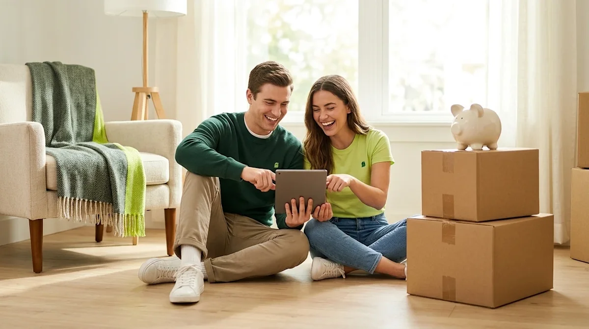 Professional lifestyle marketing photography of a smiling couple sitting on the floor of a bright, sunlit living room, happil